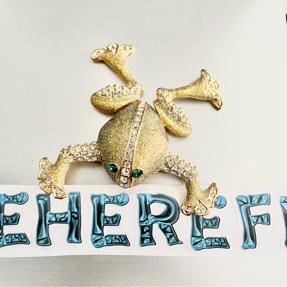 Vintage Large Articulated Glittery Rhinestone Frog Brooch Gold Tone - Picture 2 of 6